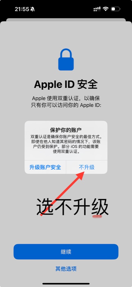 手机端第 6 步：选择“不升级”